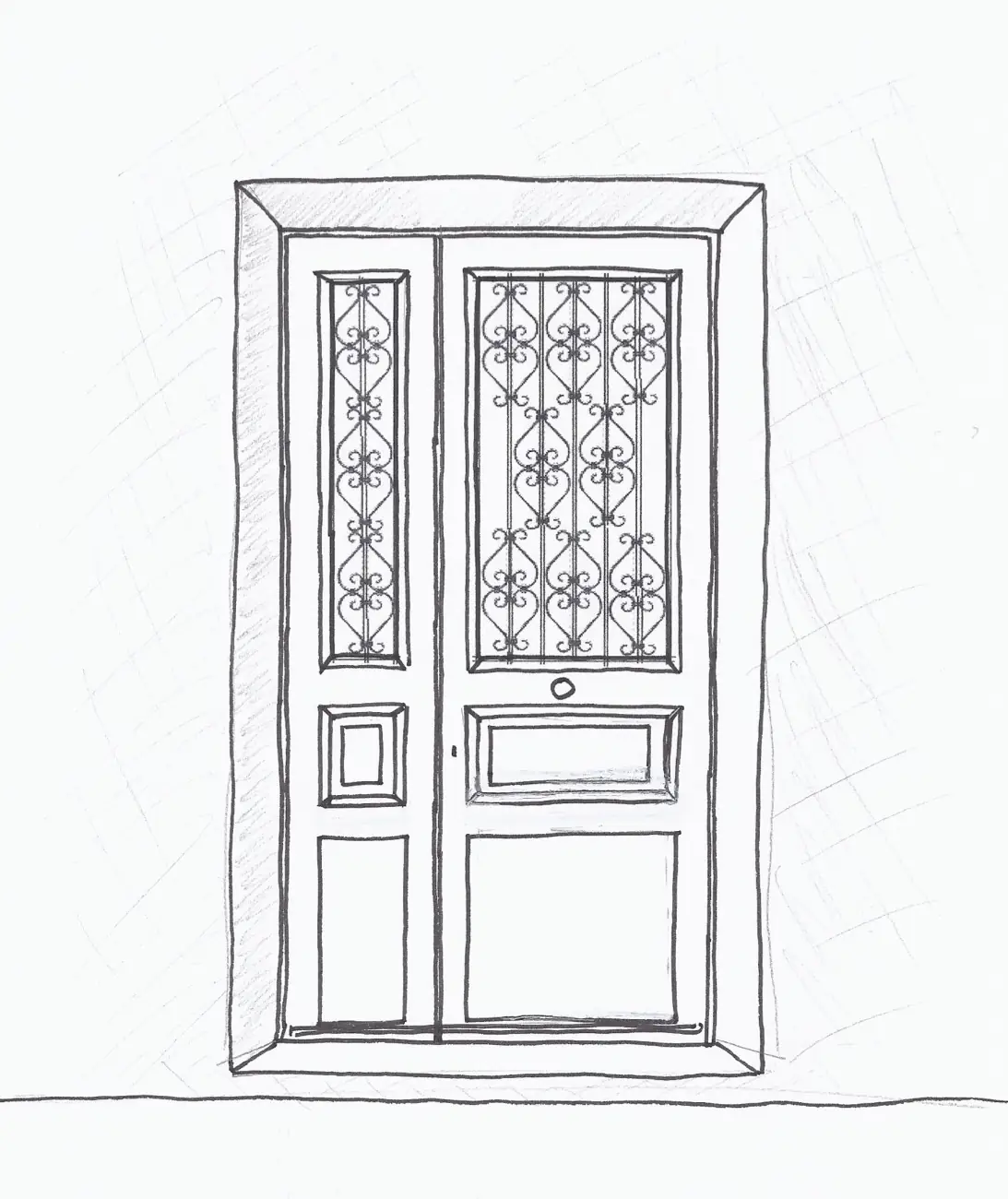Dessin au crayon d’une porte à deux vantaux avec grilles, préparé avant façonnage